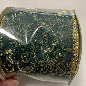 Dark Green and Gold Wired Ribbon 2.5" wide NEW